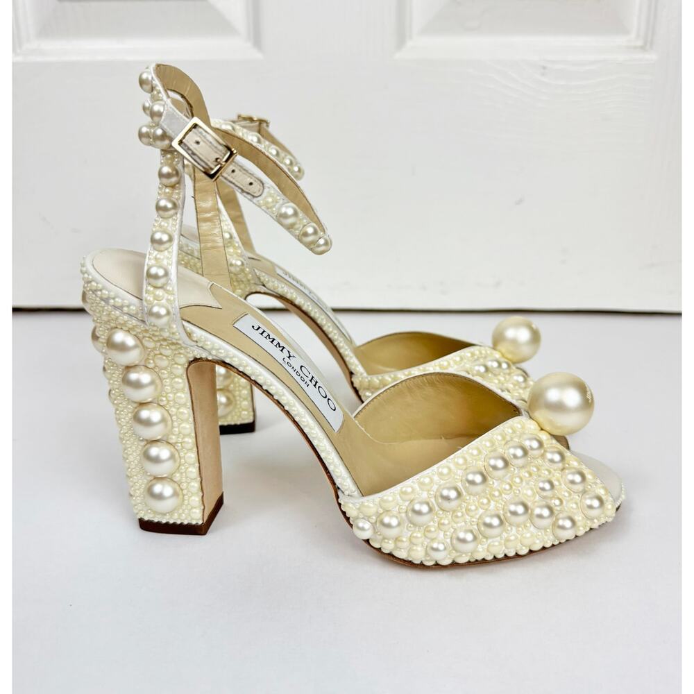 ❗️SOLD❗️JIMMY CHOO SACARIA 100 PEARL EMBELLISHED BLOCK HEEL SANDALS - Picture 7 of 11